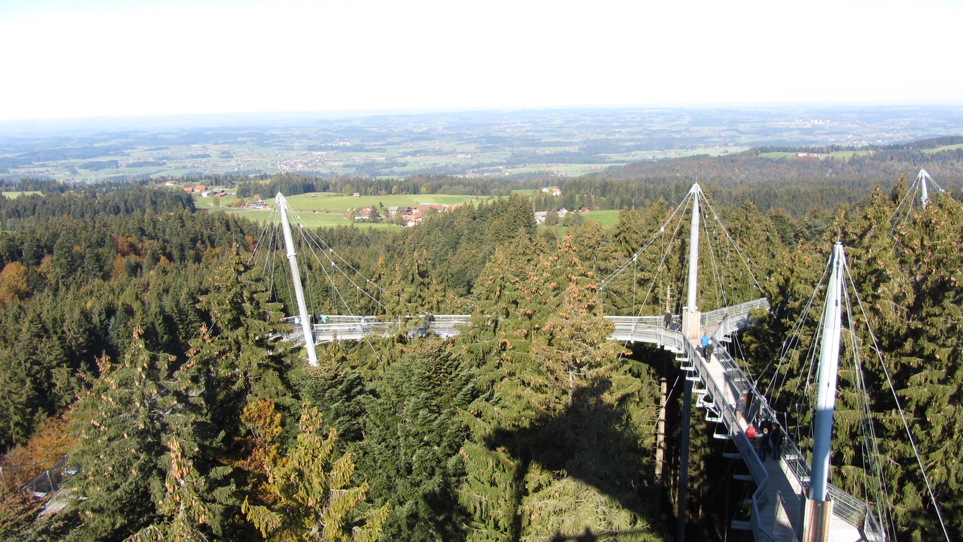 Ein Baumwipfelpfad führt über die Fichtenkronen mit weitem Blick ins Voralpenland.