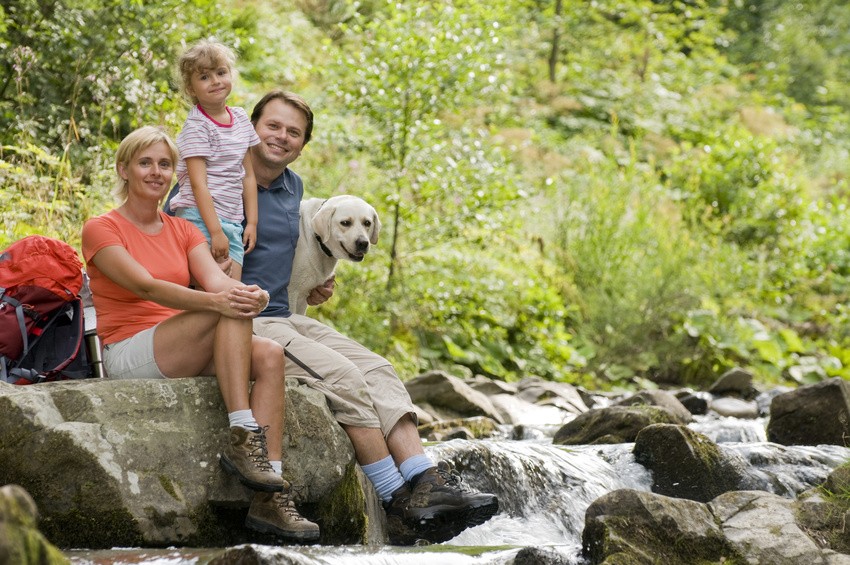 Eine Familie mit Kind und Hund rastet auf einem Felsen an einem Bach.