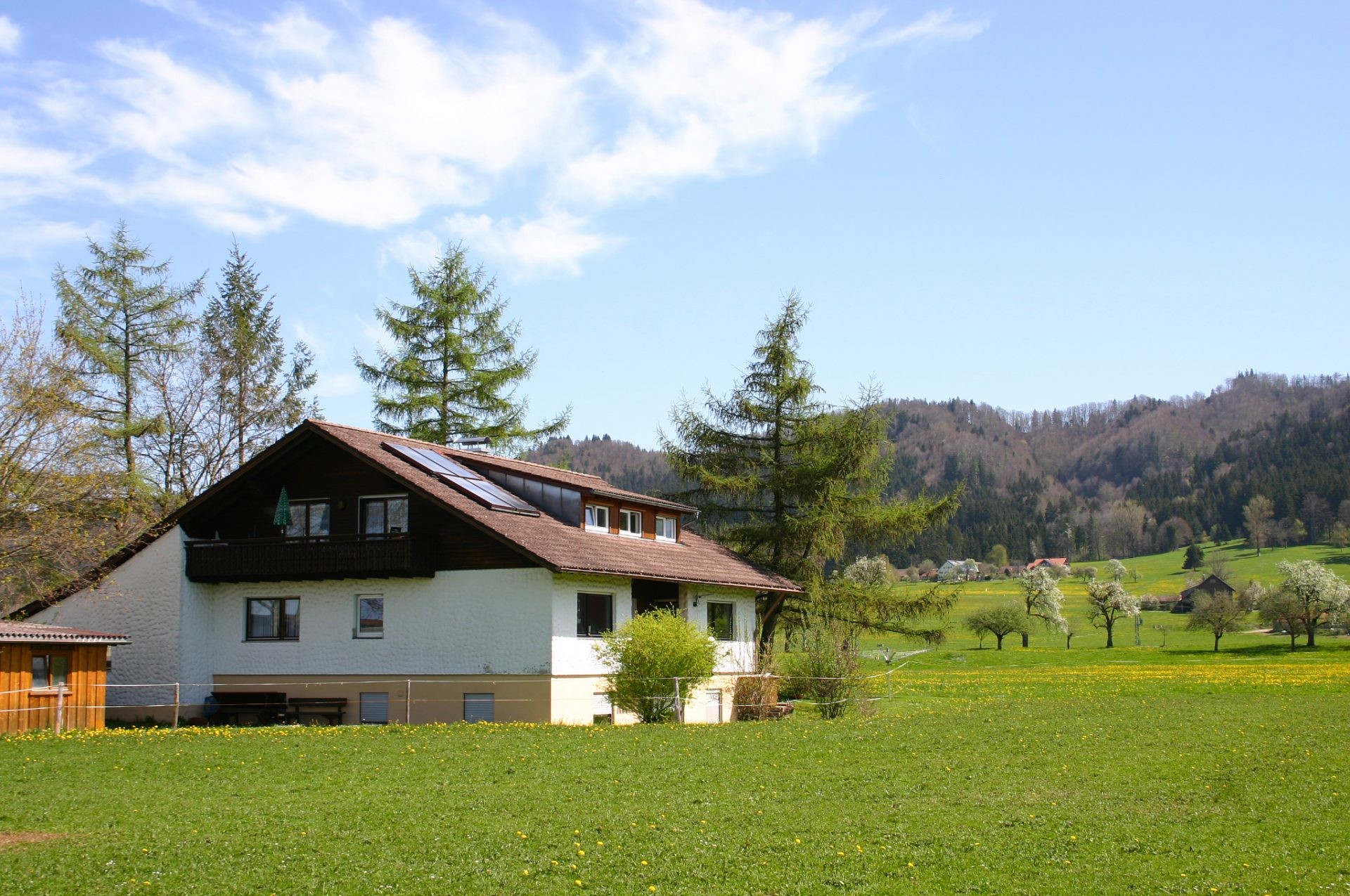 Haus mit dunklem Holzbalkon allein in einer blühenden Frühlingswiese vor bewaldeten Hügeln.