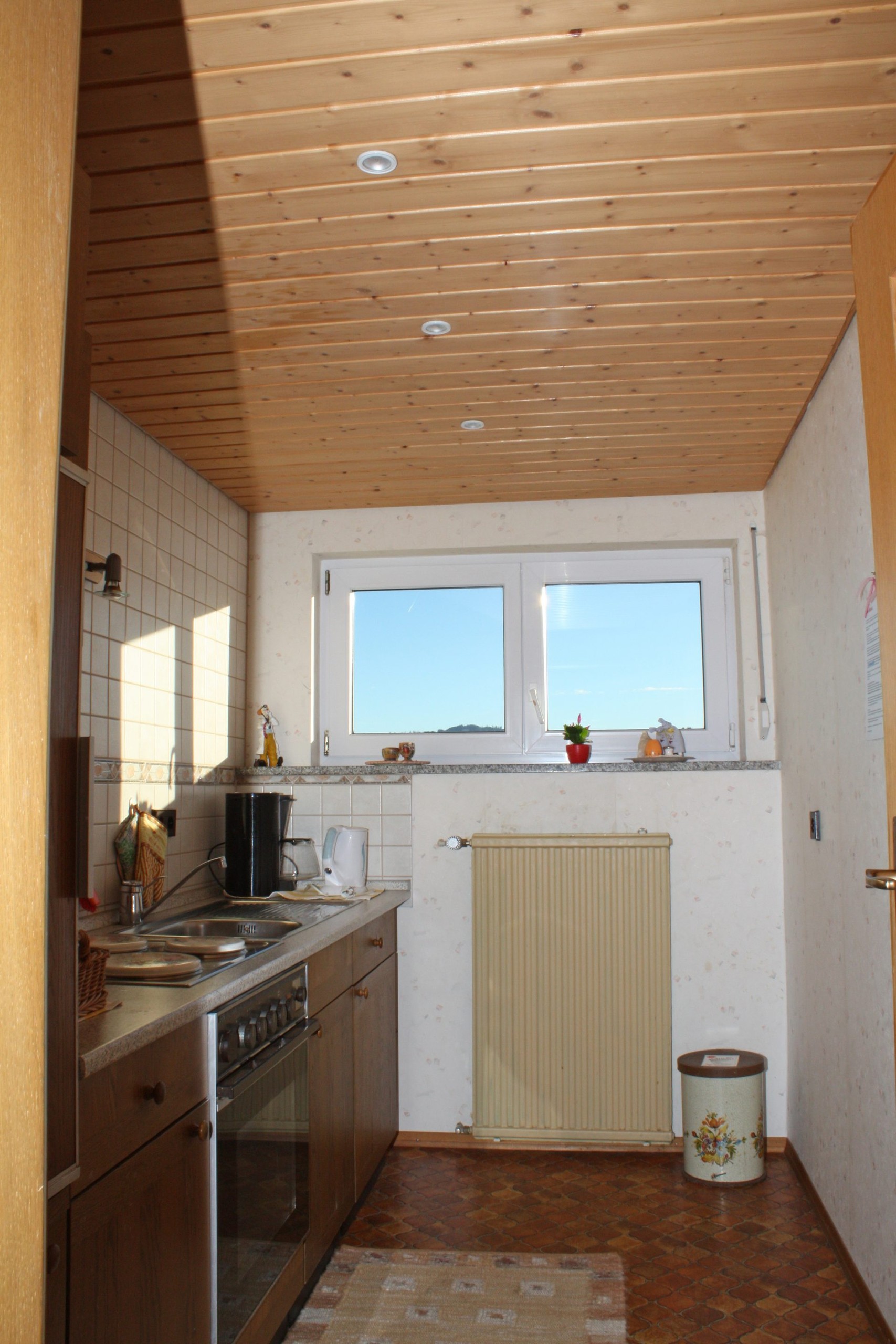 Schmale Küche mit Küchenzeile und hellem Fenster am Ende des Raums.